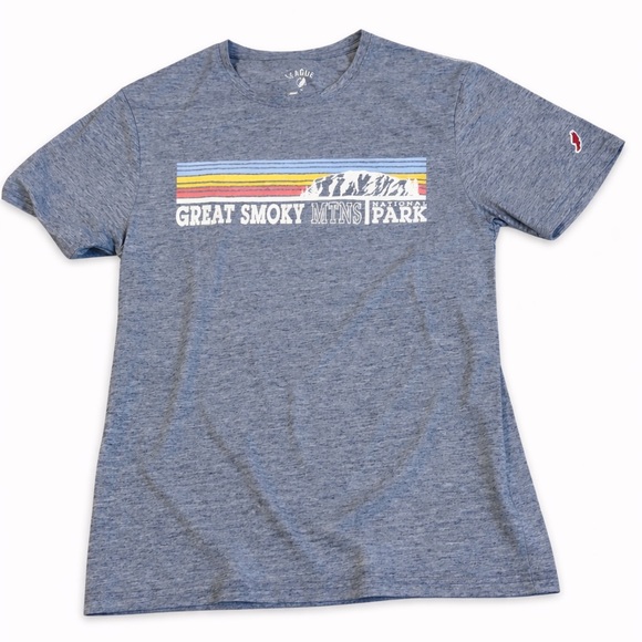 League Tops - League Heather Blue Great Smoky Mtns Park Short Sleeve Tee with Stripes